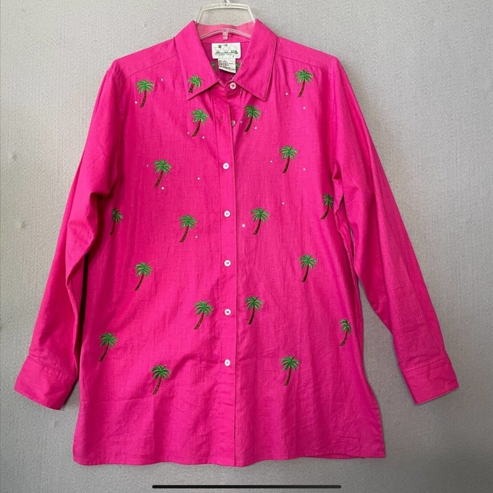 Quacker Factory Pink Linen Blend Palm Tree Top Sz Small